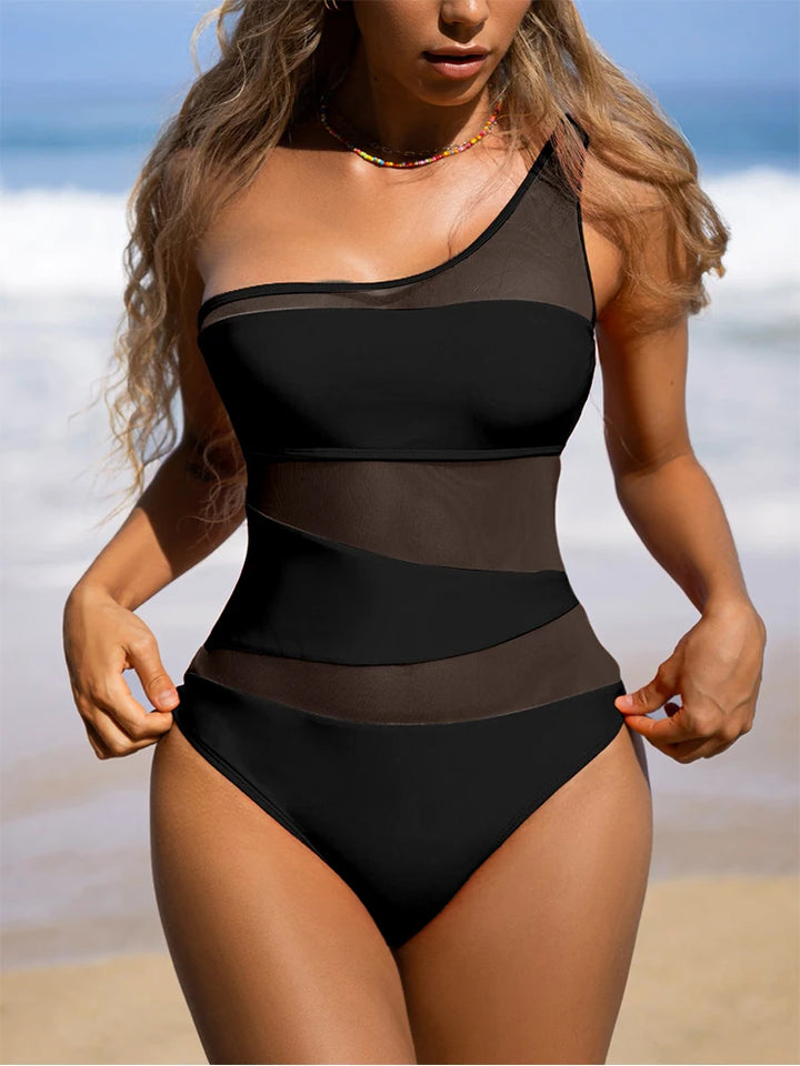 Sleek One-Shoulder Mesh One-Pieces Swimsuit