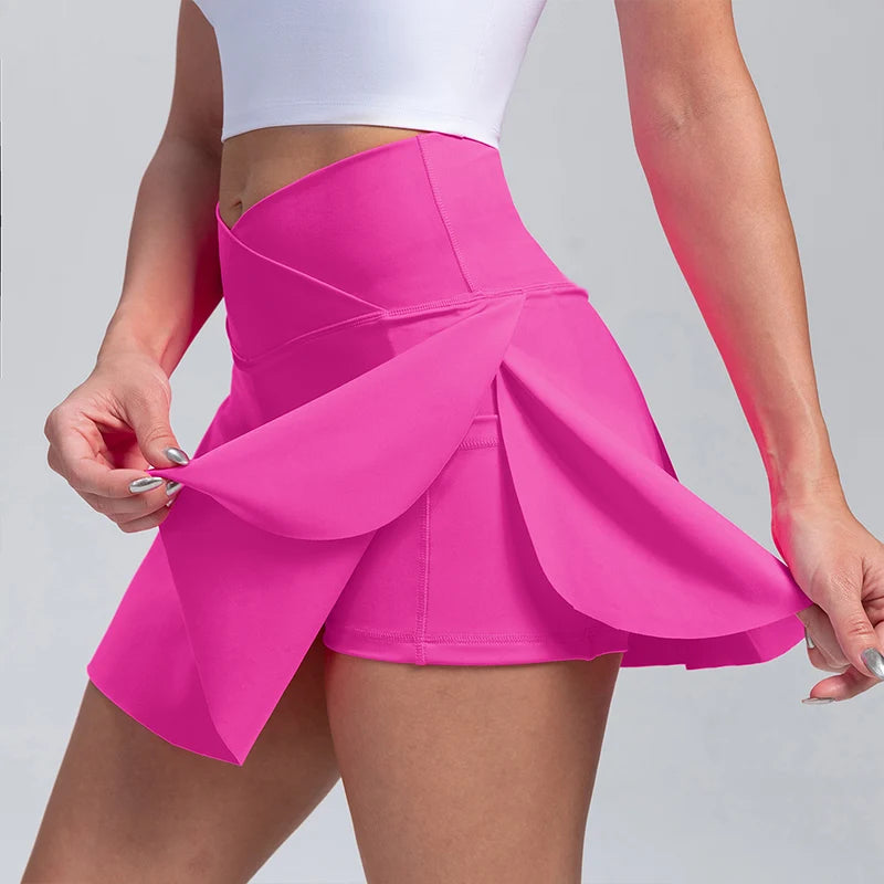 Women Pleated Tennis Skirt with Pockets Shorts with Crossover High Waist