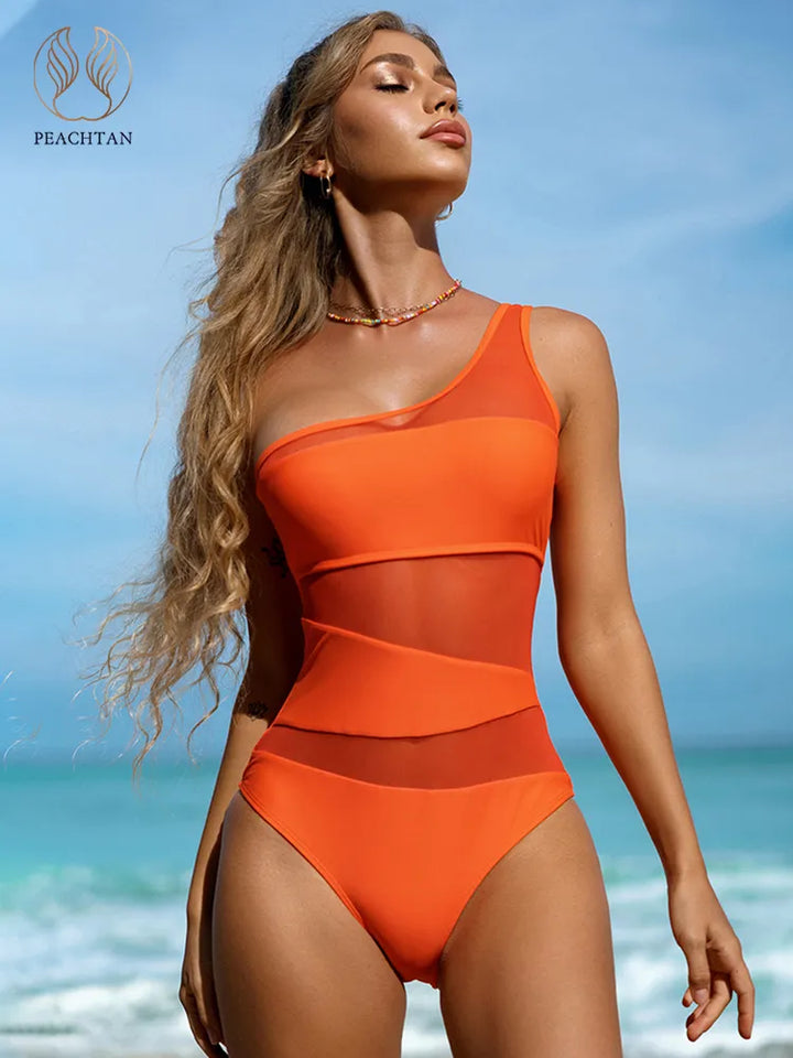One shoulder Mesh One-piece Swimsuit