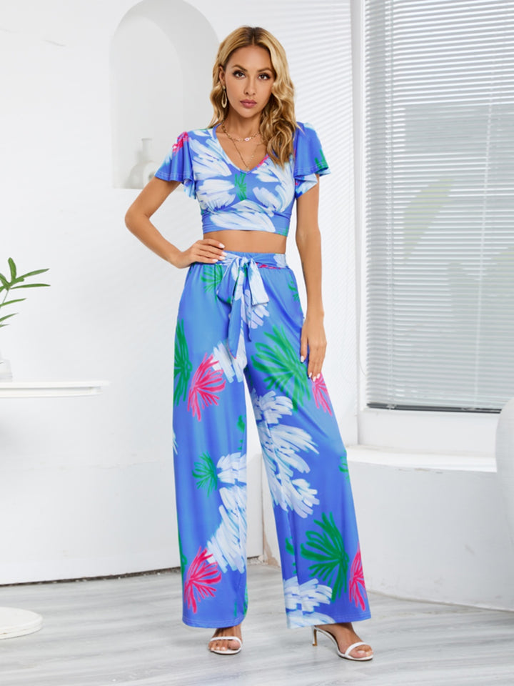 Beach Vibes V-Neck Top and Tied Pants Set