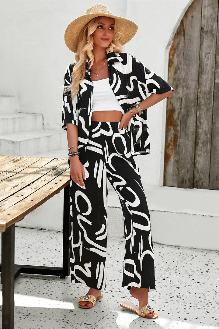 Graphic Printed Button Up Shirt and Pants Set