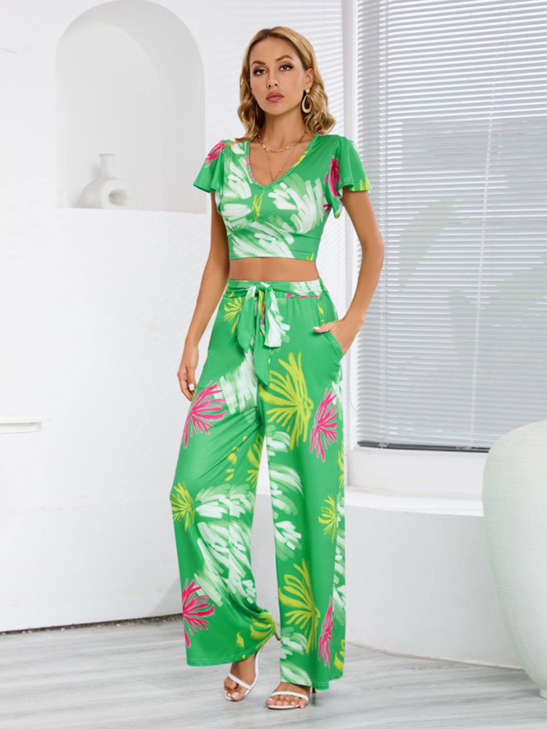 Beach Vibes V-Neck Top and Tied Pants Set