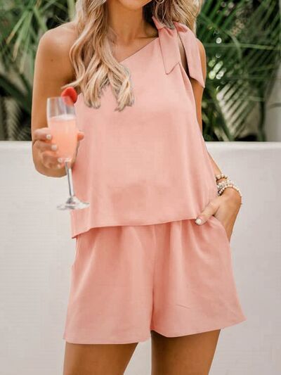 One Shoulder Top and Pocketed Shorts Set