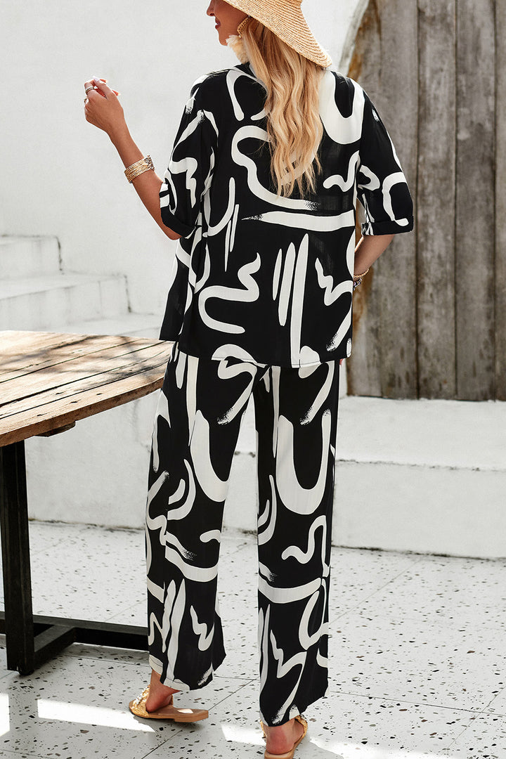 Graphic Printed Button Up Shirt and Pants Set