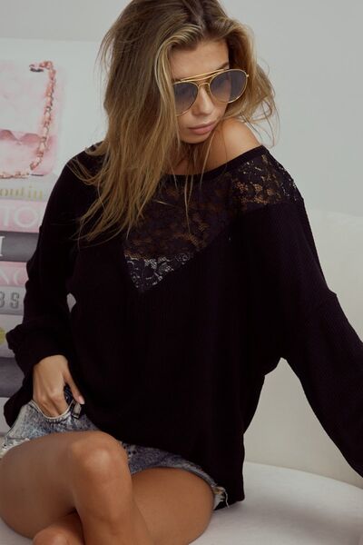 Chi Lace Ribbed Long Sleeve Top
