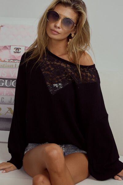 Chi Lace Ribbed Long Sleeve Top